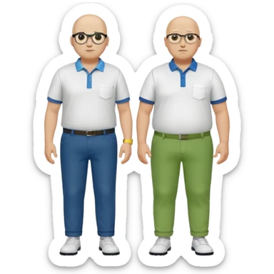 two guys, the first guy is white and have hair but only around his head and not on top, have glases a white dressshirt with rolled up sleeves and green pantsThe second guy has a yellow skin white golf shirt blue jeans and bald they should stand next to eachother they are both really fat  sticker