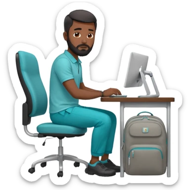 man with black short male hair and black hair and beard and hes in a office with his grey backpack on the floor and he has a tourquose polo shrit with gre dress pants and hes working at a hotel  hes on the co,ptuer  at his desk and he inly has one backpack its on the floo  WITH GREY PANTS sticker