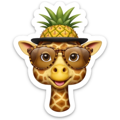 Hybrid of giraffe and chicken wearing pineapple sunglasses with a top hat sticker