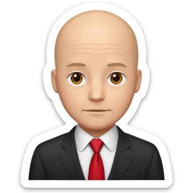 a bald man in a suit with a red tie sticker