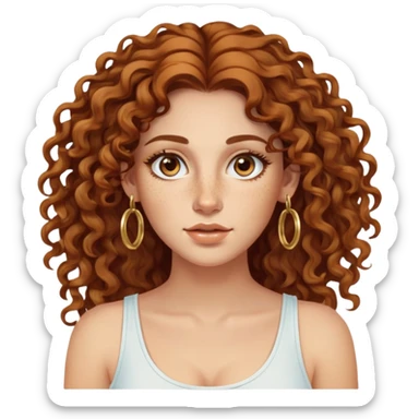 Attractive Greek woman with wide face, freckles, long curly amber-brown hair and gold hoop earrings sticker