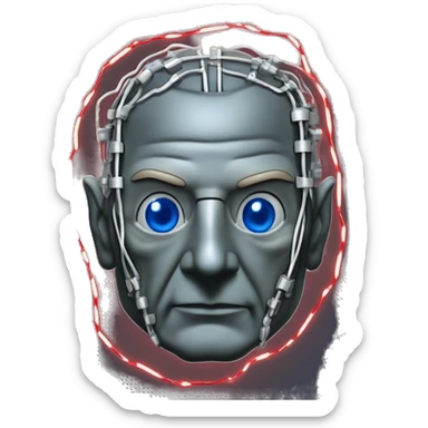 Jean luc picard from Star Trek assimilated by the Borg, with mechanical metal covering the left side of his face, with wires and a red light on the left side. His eyes are blue sticker