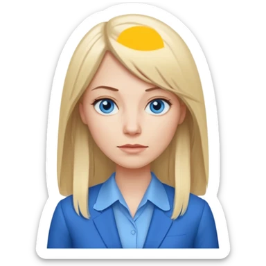 40 yr old white woman, pale skin, long straight blond hair parted in center, blue eyes, bangs, clothes for office sticker