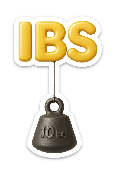 emoji stile iphone della parola "IBS" sospesa in aria con zavorra attaccata sotto che la fa cadere per il peso, iperrealistico 4k sticker