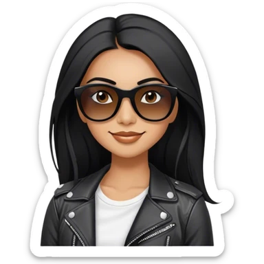 beautiful fit woman, with long straight black hair, with make up, black eye liner, smile mooth close, mexican, brown skin, wearing white tee, wearing leather black jacket, solar black wayfarer on the tip of the nose sticker