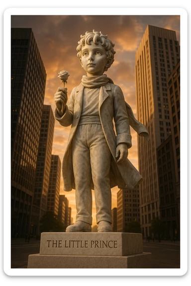 Ultra-realistic full-length marble sculpture of the Little Prince holding a rose in his hand, standing in the middle of a modern city. The pedestal is engraved with [TEXT]. Sunset lighting, dramatic view from below. sticker