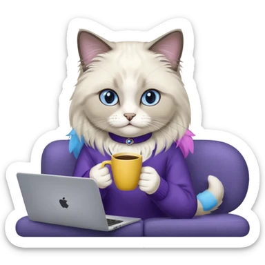 a cute blue eyed ragdoll cat wearing the dark violet sweater with yellow letteting "Milena" sitting on the grey sofa with grey laptop and drinking coffee sticker
