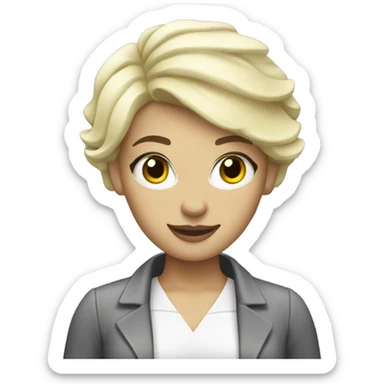 blond beautician with short hair and a grey un sticker