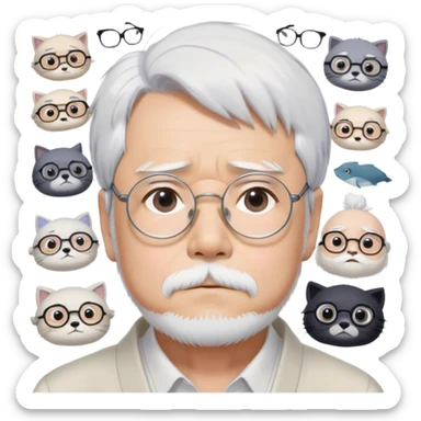 ​Cinematic Realistic Portrait of Hayao Miyazaki, depicted with striking white hair, defined black eyebrows, and large rectangular glasses, his thoughtful expression rendered in lifelike detail against a background of whimsical Studio Ghibli-inspired sketches, illuminated with soft, realistic lighting that emphasizes his creative genius, sticker