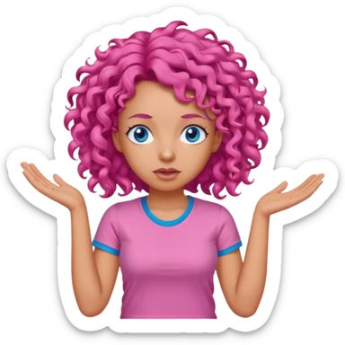 Woman in pink t shirt with pink curly hair and blue eyes shrugging  sticker