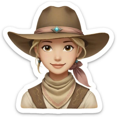 Clash of Clans aesthetic: Beautiful and Majestic Cowboy Portrait Emoji, Rendered in serene confidence with a gentle, enigmatic smile and a regal wide-brimmed hat, showcasing a distinguished, weathered build with a timeless bandana and soft, wise eyes in natural skin tone, Simplified yet exquisitely endearing features, highly detailed, glowing with a soft, majestic western light, high shine, calm and heroic, stylized with an air of legendary frontier elegance, soft glowing outline, capturing the essence of a majestic cowboy whose noble spirit inspires epic journeys! sticker