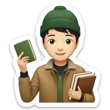 asian, tan skin, non binary asian man with pixie cut black hair, wearing brown jacket and dark green beanie, smiling , holding up books  sticker