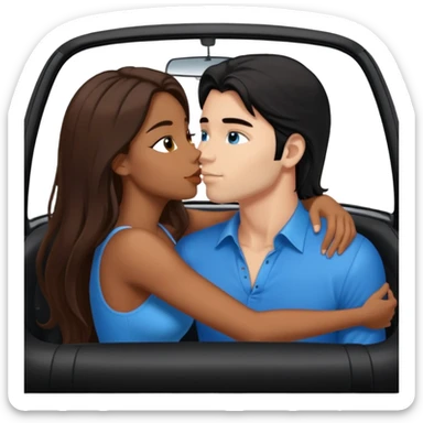Brown sexy girl with brown eyes long brown hair and sexy white man with black hair blue eyes kissing in car sticker