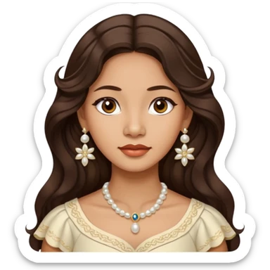 Tan Filipino woman with dark brown eyes and long dark wavy hair parted in the middle wearing a traditional filipiniana and white pearl stud earrings and no other jewelry sticker