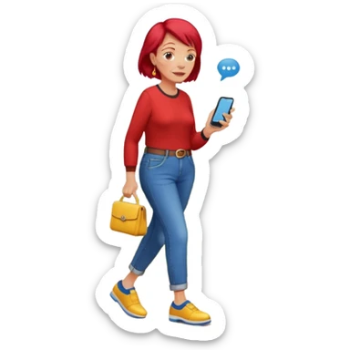 An old lady with red hair, wearing a red shirt, blue jeans, yellow shoes walking in a park holding a cell phone with a text bubble that says Have you checked in to the meetup? sticker