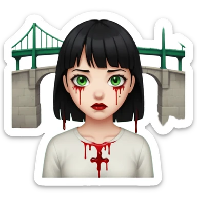 Guria com cabelo preto franjinha sangrando olhos verdes  fundo preto e um piercing bridgepiercing sticker