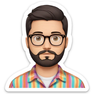 a 30-year-old man with light skin, medium solid build, wide face, soft cheeks, rounded jawline, neutral relaxed expression, short dense full beard, wavy voluminous brown-black hair at the front, large rectangular black thick frame glasses, colorful button-up shirt open showing white t-shirt sticker