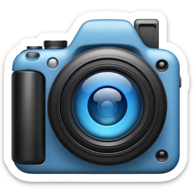 A minimalistic emoji of a camera in Apple iPhone emoji style. Flat design, smooth gradients, rounded edges, soft shadows, high resolution, clean and simple look. Neutral gray and black tones with a blue lens reflection. White background, no text sticker