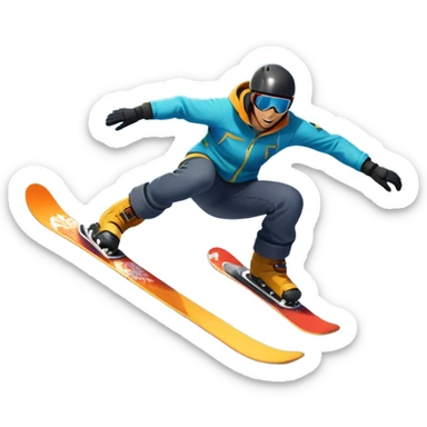 An icon showing a snowboarder performing an exciting jump on a snow-covered slope. The background features towering mountains, snow-covered trees, and a bright, clear sky. Transparent background highlights the speed, agility, and thrill of snowboarding. sticker