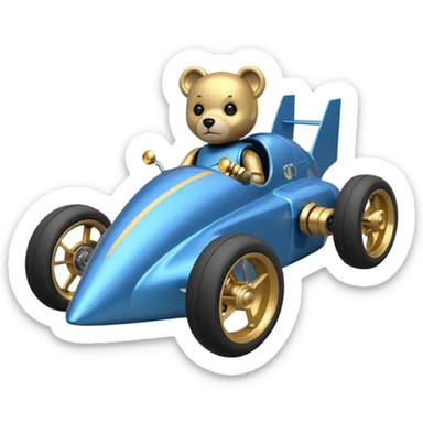  Metallic blue and gold-accented  kid-sized racing car for furry-faced grey bearded evil scary robot teddy bear with custom aero body and rear wing and motorcycle-sized wheels  sticker
