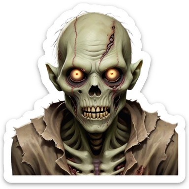 Cinematic Realistic WoW undead friendly zombie Portrait, head tilted epicly and inquisitively, showcasing grim resilience and defiant strength. His withered, pallid skin and intense, glowing eyes contrast starkly with his worn, earth-toned clothes, rendered in meticulous detail. With dynamic, high-contrast lighting and high shine, this portrait exudes an epic aura, capturing the relentless will of a battle-hardened undead friendly zombie. sticker