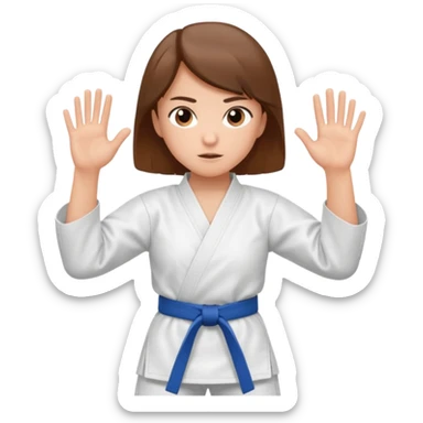 Ragazza castana che pratica karate, ha la cintura nera ed io tradizionale kimono bianco del karate, in posizione di guardia sticker