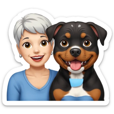 Pitt bull rottweiler white muzzle with black spots tongue out next to one older woman with short silver hair sticker