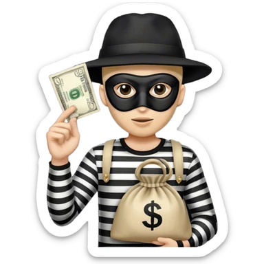 Thief with black and white stripe shirt, black hat, black mask, and beige bag with money sign on it sticker