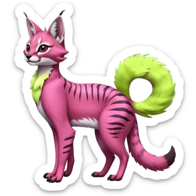 Colorful dark pink lime-green tropical exotic cute cool beautiful shiny beautiful fantasy-caracal-civet-genet-sergal-vernid-serval-Gryphon-Cacomistle-Trico-oncilla-animal-Fakémon-hybrid-fursona (full body) sticker