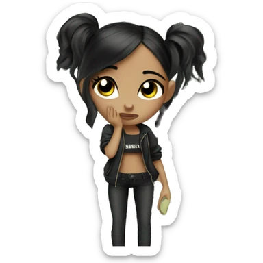 Blacked hair bratz girl wipes away tears with a banknote sticker