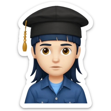 generate a pretty bratz boy wearing a dark blue button up shirt, long black mullet hair. 

Dark blue cap on head sticker