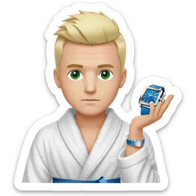 A white man with green eyes, medium-length blond hair in a low mohawk, a blue Cartier watch on his wrist, and a luxurious bathrobe. sticker