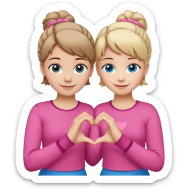 Two best friends making a heart shape with their hands together. One of them has blond hair which is shorter and the other has brown hair tied up. They are both wearing pink outfits. They both have blue eyes  sticker