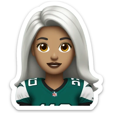 White female long dark hair red lips wearing Philadelphia Eagles jersey sticker