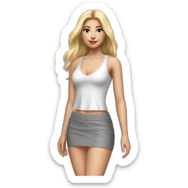 hyperrealistic caucasian blonde, long straight hair, white deep v-neck crop tanktop, gray tight mini skirt, walking body view sticker