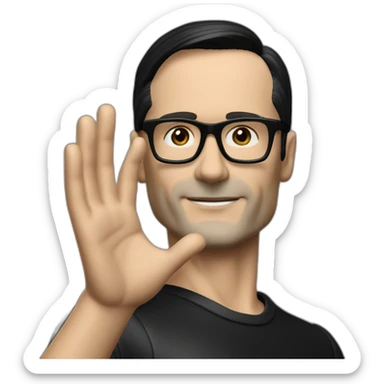 small photo realistic right arm waving Ralf Hutter from Kraftwerk, short straight black hair, Dark Brown eyes, black glasses, thin, black shirt, side view sticker