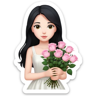 A beautiful girl with long black hair and a white dress is holding a bouquet of pink roses sticker