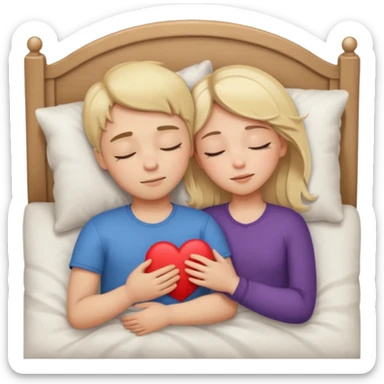 cuddling in bed, asleep. blonde girl. brunette boy. eyes closed. heart between them. sticker