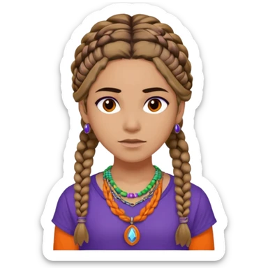 Black Annabeth Chase her head full of braids all over brow hair and a orange shirt that says CHB and with a purple orange green and blue and white beaded necklace only one necklace no earrings sticker