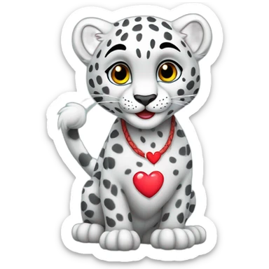 funny snow leopard in full growth shows a heart sticker