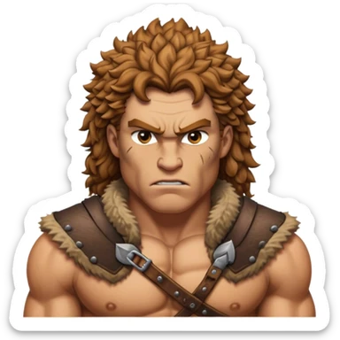 Cinematic Realistic Barbarian Hercules Portrait emoji, depicted as a fierce Greek hero with the chiseled features of Michelangelo's David. His light tan, sculpted skin glows with timeless strength, and his thick, curly, golden brown hair cascades in wild, untamed curls reminiscent of a warrior’s mane. Instead of a flowing white robe with golden accents and a laurel wreath, he wears rugged, weathered leather and fur garments—a tattered, fur-trimmed cloak draped over broad shoulders and a simple circlet forged from iron and bone. His intense, determined eyes exude savage nobility, all rendered under dynamic natural lighting with a mythic, raw, radiant glow. sticker