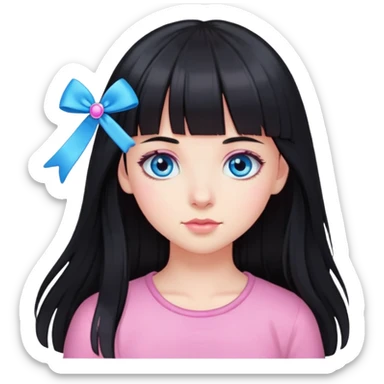 girl with long black hair and bangs blue eyes and hairclips in pink sticker