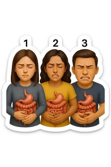 emoji stile iphone di 3 persone, due donne e un uomo, con intestino realistico e mal di pancia, sulle donne ci sono i numeri 1, 2 e sull'uomo il 3, iperrealistico 4k sticker