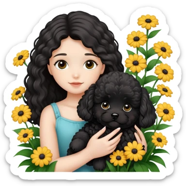 A long-haired girl holding a black maltipoo puppy in the flowers sticker