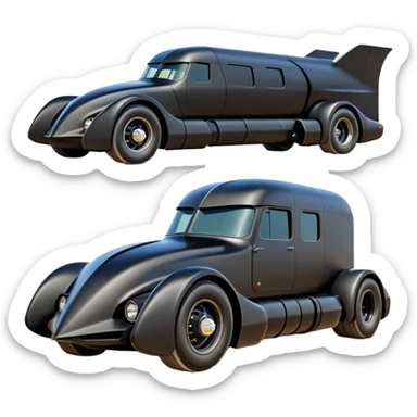 futuristic Batman’s Venomobile  loosely based on 1956 freightliner semi (flat long straight organically-shaped mechanical roomy interior seating inside the body) stealthy town hot rod desert dirt racing rwd buggy  sticker