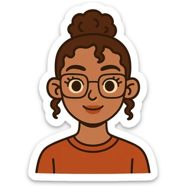 flat-toon style 23-year-old girl with square thin glasses, brown curly hair in a high bun, big eyes and lashes, small nose and mouth, thin hoop nose piercing sticker
