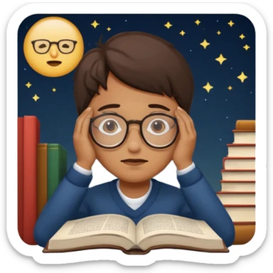a tired person infront of a book learning in the middle of the night sticker
