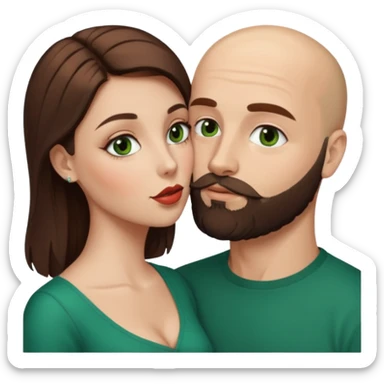 Man beard bald white dark green eyes, woman medium hair brown brown eyed latina kissing sticker
