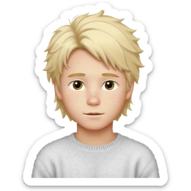 create-a-look-for-a-blond-boy-with-long-tousled-hair-light-eyes-a-white-sweat + fluffy white sweater + styled hair blonde with hair to the side cute + cute face with freckles  medium hair fluffy to the side sticker