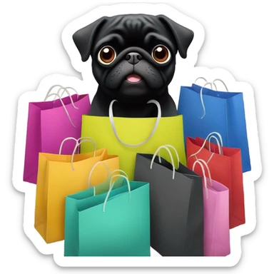 Black pug with many shopping bags sticker